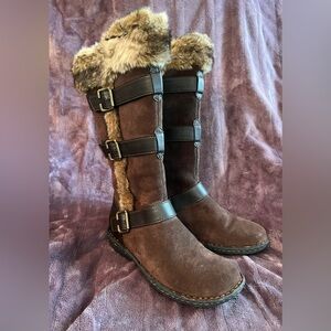 boc Chocolate Suede Faux Fur-Lined Buckle Boots